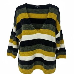 Express Chenille Sweater Multicolor  Striped V Neck‎ Women Size L Pullover
